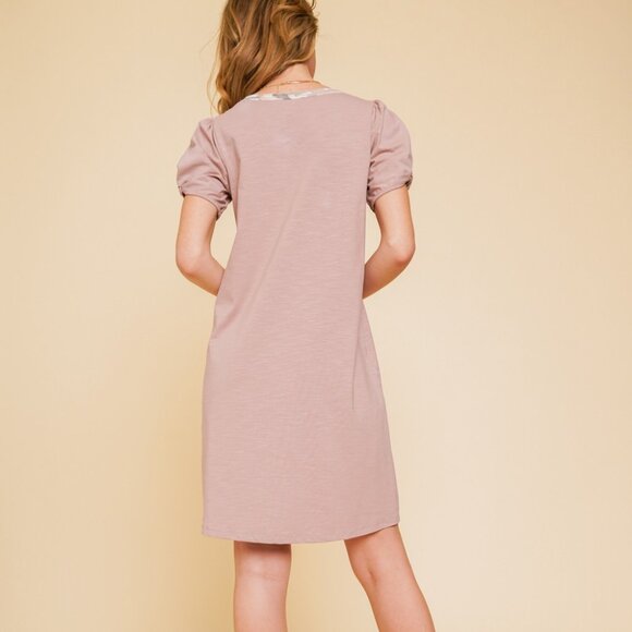HEM & THREAD Mauve Puff Sleeve Dress with Camo Trim | Casual T-Shirt Dress - Picture 3 of 3